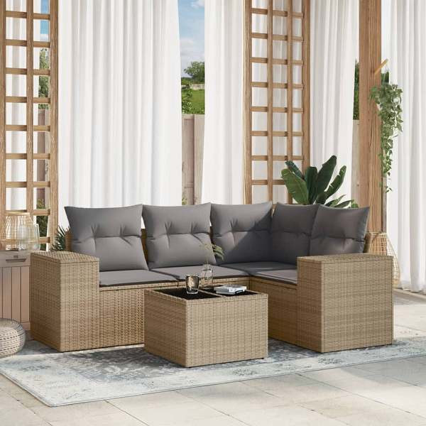 vidaXL 5-tlg. Garten-Sofagarnitur mit Kissen Beige Poly Rattan, UV-beständig, 3222518