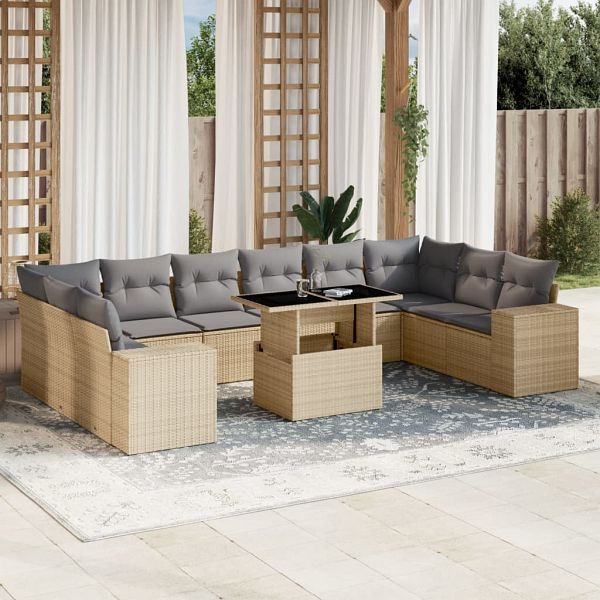vidaXL 11-tlg. Garten-Sofagarnitur mit Kissen Beige Poly Rattan, 3269409