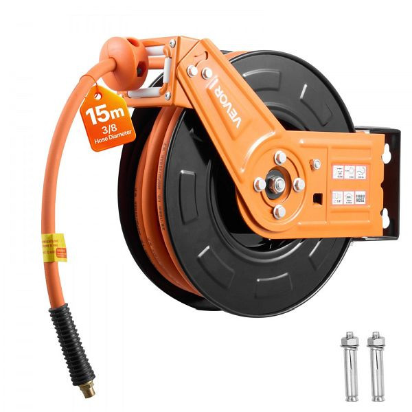VEVOR Druckluftschlauchtrommel, 9,5 mm x 15 m Gummischlauch, 20 bar, Automatischer Aufroller, 1 m Zuleitung, KQRGJPYGKFSDKMVYJ002V0