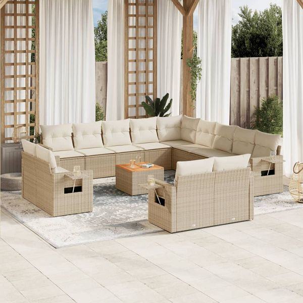 vidaXL 14-teilig Garten-Sofagarnitur mit Kissen Beige Poly Rattan, 3224840