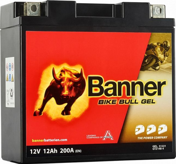 Banner Bike Bull Motorradbatterie Gel 512 21 / GTZ14B-4, gefüllt und verschlossen, absolut wartungsfrei, 023512210101