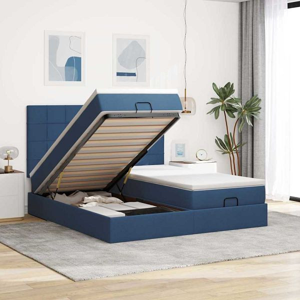 vidaXL Ottoman-Bett mit Matratzen & LEDs Blau 200x200 cm Stoff, 3314554