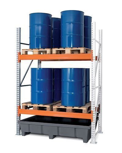 DENIOS Palettenregal PRP 18.25 für 4 Euro- oder 2 Chemiepaletten, 2 Ebenen, Anbaufeld, 266316