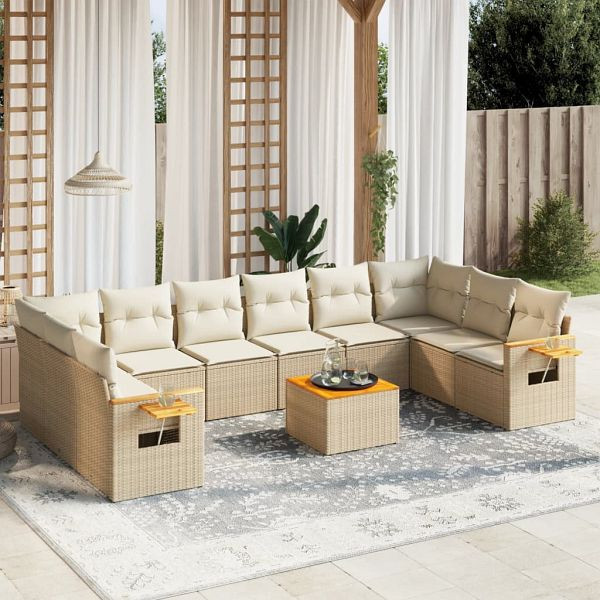 vidaXL 11-teilig Garten-Sofagarnitur mit Kissen Beige Poly Rattan, 3227171