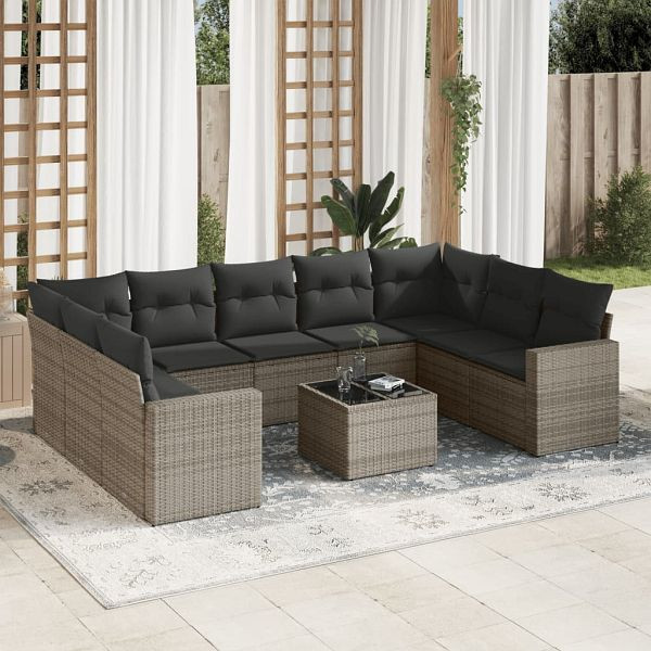 vidaXL 10-tlg. Garten-Sofagarnitur mit Kissen Grau Poly Rattan, 3219400
