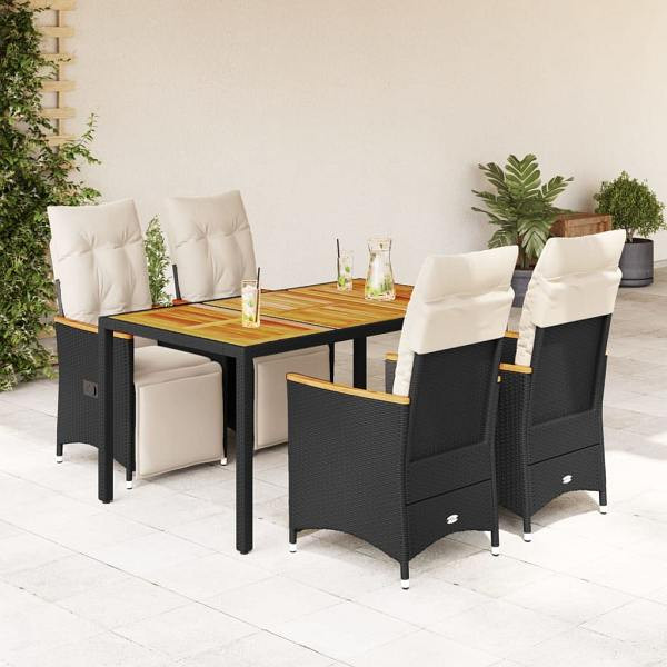 vidaXL 5-tlg. Garten-Bistro-Set mit Kissen Schwarz Poly Rattan, UV-beständig, 3276961