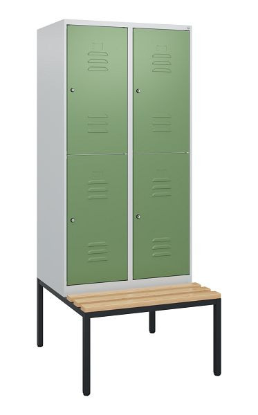 C+P Doppelstöckiger Spind Classic PLUS, 2 Abteile, 1950x800x815mm, 7035/6011, Zylinderschlösser, Buche-Sitzleisten, Sitzbank, 0803505-22 S10032