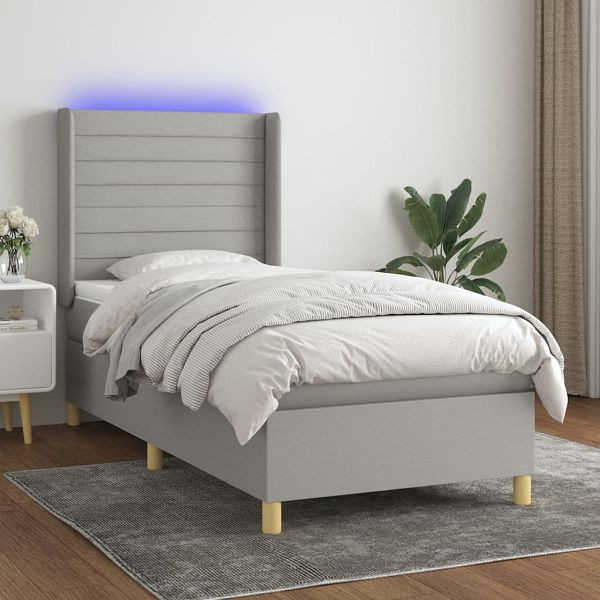 vidaXL Boxspringbett mit Matratze & LED Hellgrau 90x190 cm Stoff, 3138917