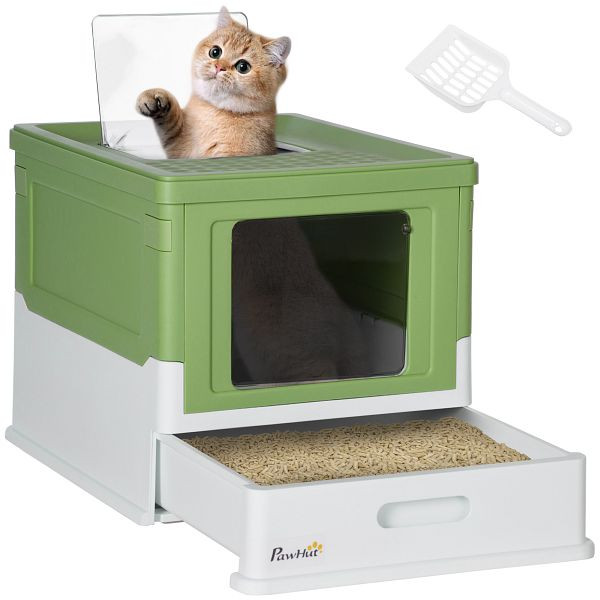 PawHut Katzentoilette, klappbar, 2 Türen, Streuschaufel, 47,5x35,5x36,7cm, Weiß/Grün, D31-061V00YG