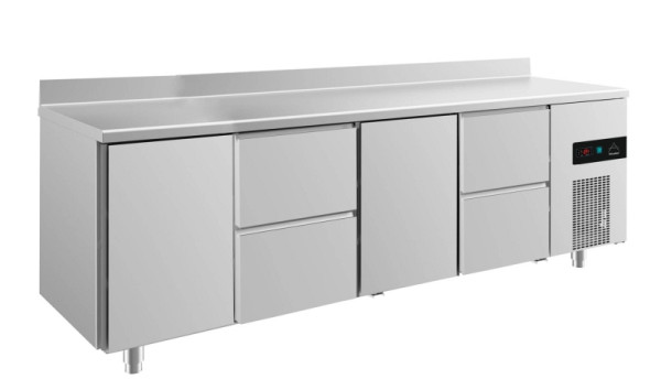 A&S Polarny Kühltisch -2 bis +8°C mit 2x Türen und 2x zwei Schubladen mittig-links+rechts, 2330 x 700 x 850 mm, mit Aufkantung, KT4TZTZA