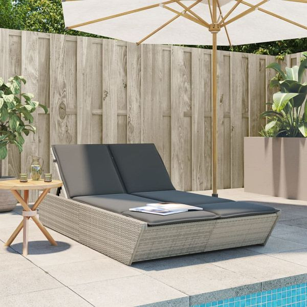 vidaXL Doppel-Sonnenliege mit Kissen Hellgrau Poly Rattan, 368184