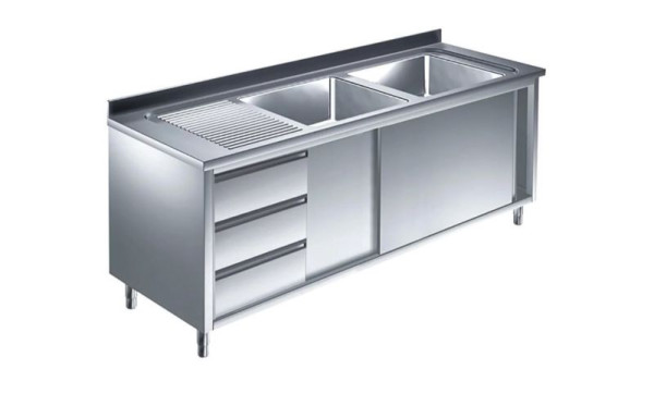 A&S Gastro Spülschrank mit Schubladenblock l, 2 Becken rechts, Bautiefe 600 mm, 160x600x850 mm, SPSCH1662BR-S