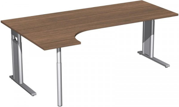 geramöbel PC-Schreibtisch links höhenverstellbar, C Fuß Blende optional, 2000x1200x680-820, Nussbaum/Silber, N-647318-NS