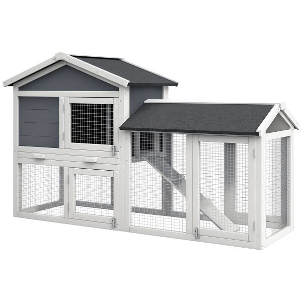 PawHut Kleintierstall mit Freilauf, Tannenholz, 147 x 54 x 84 cm, Grau, D51-101V00GY