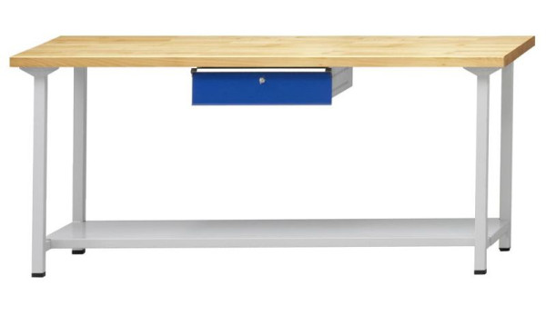 ANKE Werkbänke Arbeitstisch; 2000x800x890 mm; RAL 7035/5010; Buche-Massiv-Platte 40 mm; 1xHängeschublade; 1xAblageboden aus Stahlblech 600 mm tief, 401.349