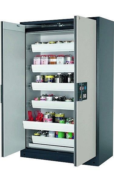 asecos Sicherheitsschrank Q-PEGASUS-90, Q90.195.120.WDAC in lichtgrau RAL 7035 mit 6x Auszugswanne Standard (Stahlblech), 30002-041-30017