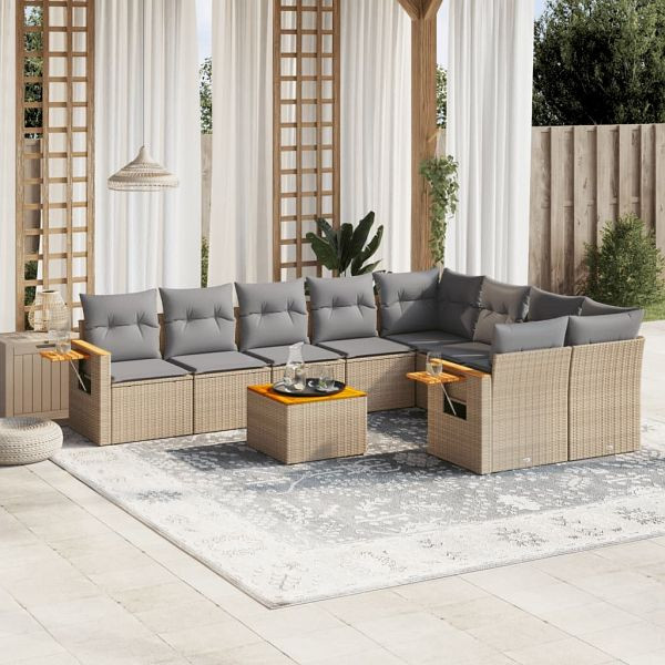 vidaXL 10-teilig Garten-Sofagarnitur mit Kissen Beige Poly Rattan, 3227151