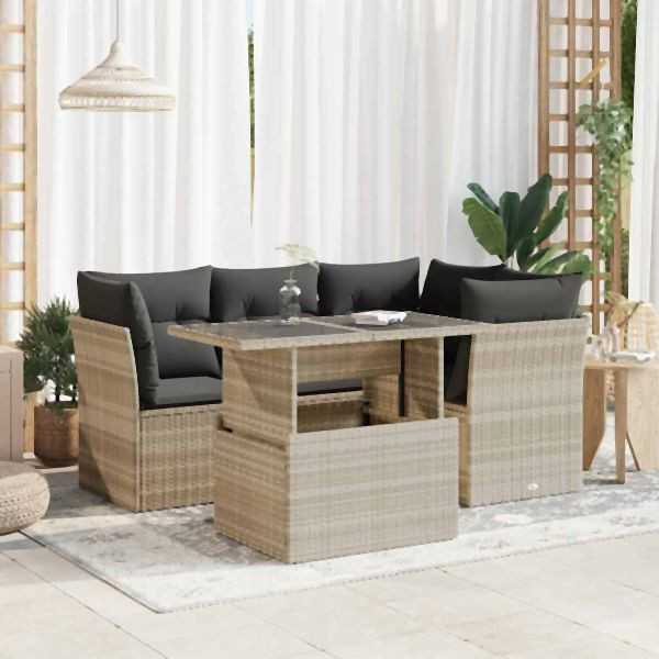 vidaXL 5-tlg. Garten-Sofagarnitur mit Kissen Hellgrau Poly Rattan, 3326153