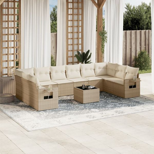 vidaXL 11-teilig Garten-Sofagarnitur mit Kissen Beige Poly Rattan, 3253015