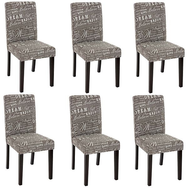 Mendler 6er-Set Esszimmerstuhl Stuhl Küchenstuhl Littau, Textil mit Schriftzug, grau, dunkle Beine, 33710+33696