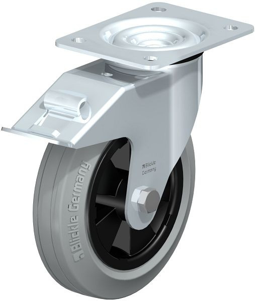 Blickle LE-VPP 180R-FI-SG Stahlblech-Lenkrolle mit Anschraubplatte & Feststeller, Vollgummi, Grau, 625608