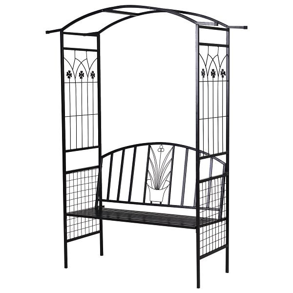 Outsunny Pflanzbogen mit Bank Sitzbank Torbogen Rankgitter Rankhilfe Garten Bogendach Metall Schwarz 154 x 60 x 205 cm, 844-283
