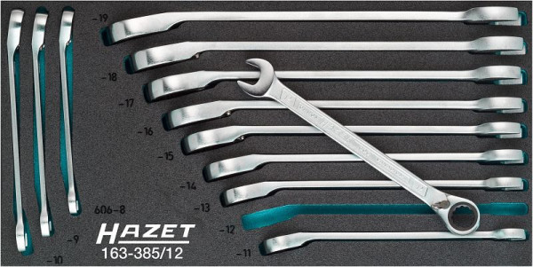 Hazet Knarren Ring-Maulschlüssel Satz, Außen-Doppel-Sechskant-Tractionsprofil, 8 - 19, Anzahl Werkzeuge: 12, Ersatzteil: 163-385L, 163-385/12