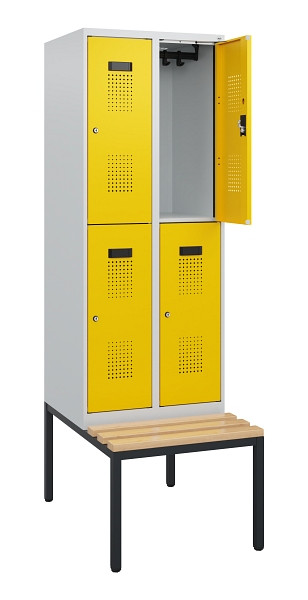C+P Doppelstöckiger Spind Evolo PLUS, Bank, 4 Fächer, 1950x600x815mm, 7035/1023, Zylinderschloss, Sitzfläche Buche-Hartholz, Sitzbank, 0493505-20 S10020