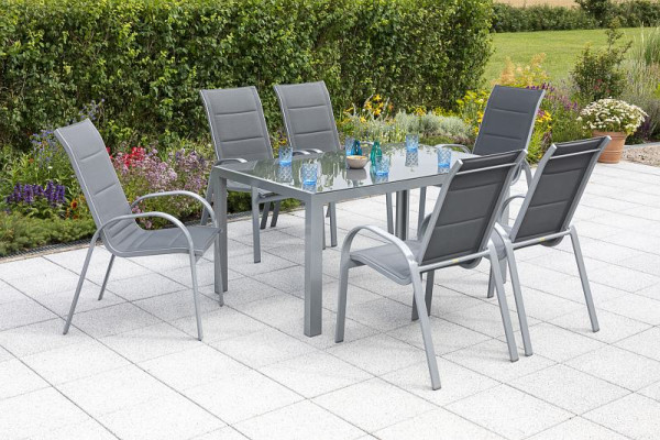 Merxx Amalfi Set 7-teilig, 6 Amalfi Stapelsessel mit hoher Rückenlehne, 1 Tisch 150 x 90 cm, moderne Optik, silber/grau, 50361-309