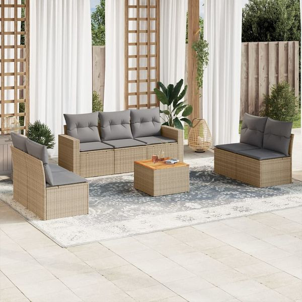 vidaXL 8-tlg. Garten-Sofagarnitur mit Kissen Beige Poly Rattan, 3224078
