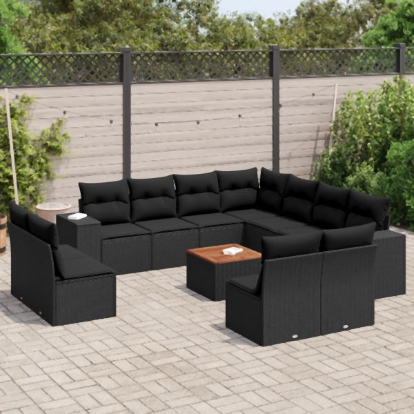 vidaXL 12-tlg. Garten-Sofagarnitur mit Kissen Schwarz Poly Rattan, 3225502