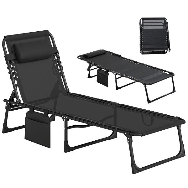 Outsunny Liegestuhl, Zusammenklappbare Liege mit Nackenkissen, Stahlrahmen, Netzstoffbezug, 120 kg Belastbarkeit, Schwarz, 84B-812BK
