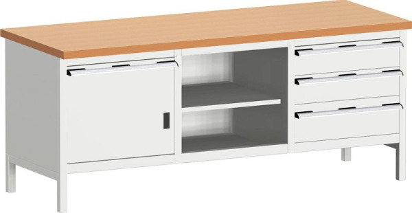 bott cubio Kastenwerkbank mit 4 Schubladen Türe, 2 Ablagen, Rotbuche-Arbeitsplatte BxTxH: 2000 x 750 x 840 mm, RAL 7035, 41002059.16V