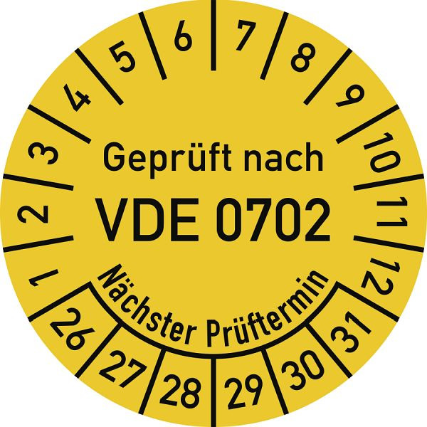Moedel Prüfplakette VDE 0702 Nächster Prüftermin, 2026-2031, Folie, Ø 30mm, VE: 10 Stück/Bogen, 108582
