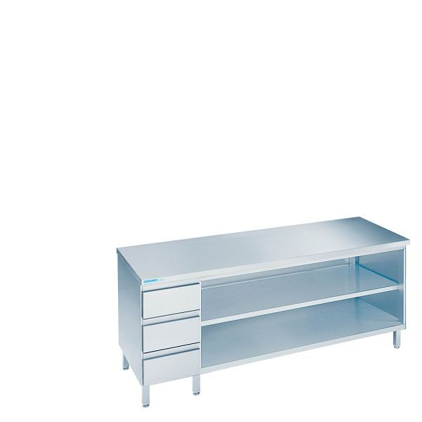 CHROMOnorm Arbeitsschrank offen mit Schubladenblock links, Tiefe 600mm, Tischplatte allseits abgekantet, SG0608AS3L0