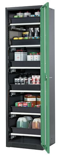 asecos Chemikalienschrank Systema-T CS-56RG, Korpus anthrazit, Flügeltüren grün, 6 Tablarauszüge, 209038