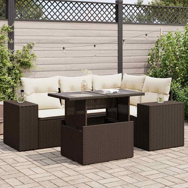 vidaXL 5-tlg. Garten-Sofagarnitur mit Kissen Braun Poly Rattan, 3326794