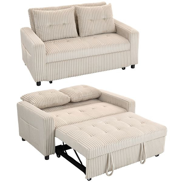 HOMCOM 2-Sitzer Sofabett, Cordbezug, zum Schlafsofa umwandelbar, 2 Kissen, Seitentaschen, 157 x 190 cm, Cremeweiß, 83B-641V01CW