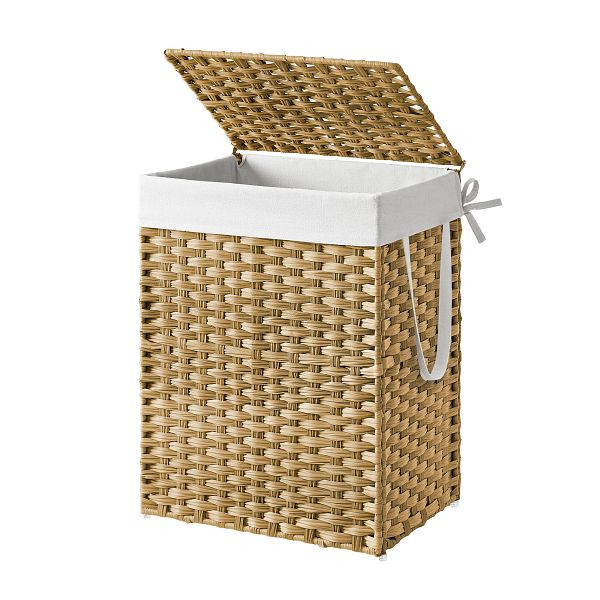 SONGMICS Handgewebter Wäschekorb, 90-Liter-Stoffkorb aus synthetischem Rattan mit Deckel und Griffen, faltbare, abnehmbare Innentasche, natürliche, LCB51NL