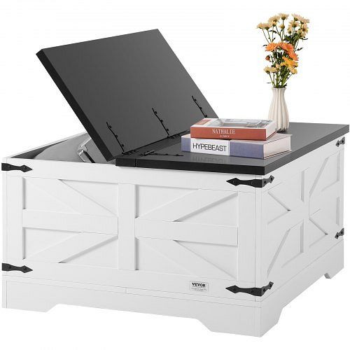VEVOR Couchtisch Farmhouse-Stil, quadratisch mit Scharnier & Ablagefach, 34 kg belastbar, Holz, Wohnzimmer (Schwarz/Weiß), ZFXBSKFZ315YAMPCKV0