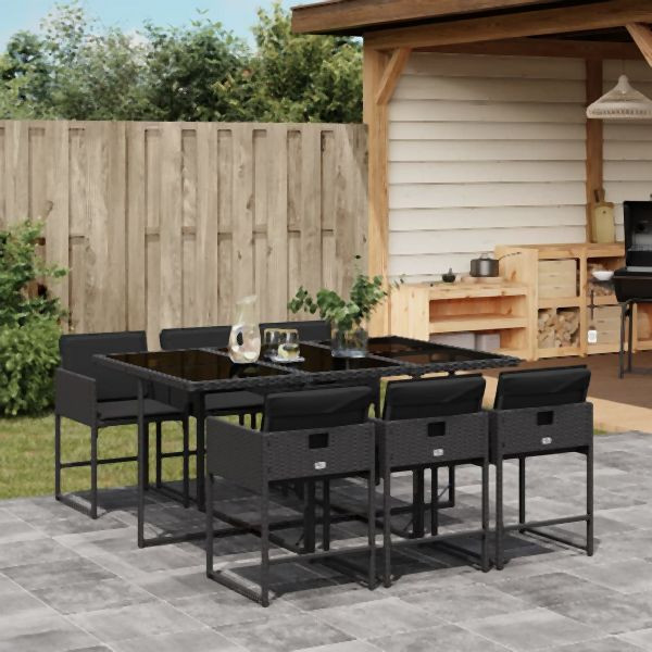 vidaXL 7-tlg. Garten-Essgruppe mit Kissen Schwarz Poly Rattan, 3211267
