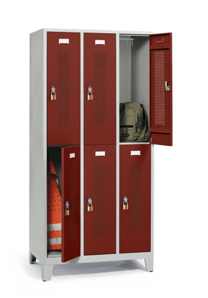 Deskin Doppelstöckiger Spind mit Füßen, Rubinrot RAL 3003, 870 x 500 x 1800 mm, 6 Abteile, Korpus: Lichtgrau RAL 7035, 331423