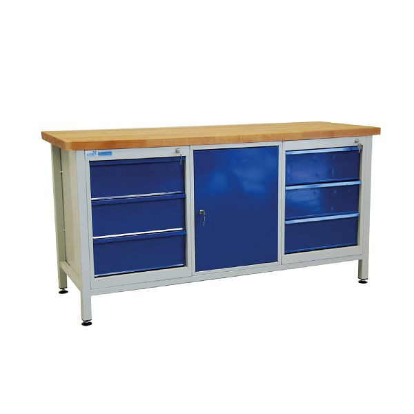 ADB Werkbank 6 Schubladen + 1 Tür, Maße: LxBxH 1700x600x840 mm, Farbe Werktisch: lichtgrau, RAL 7035, Farbe Tür/Schubladen: Lichtblau (RAL 5012), 42738