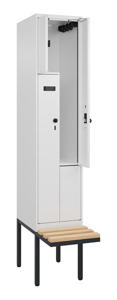 C+P Z-Spind Evolo PLUS, Bank, 2 Fächer, 2120x400x815mm, 9016/9016, Drehriegel, Sitzfläche Holz, 0490437-122 S10019