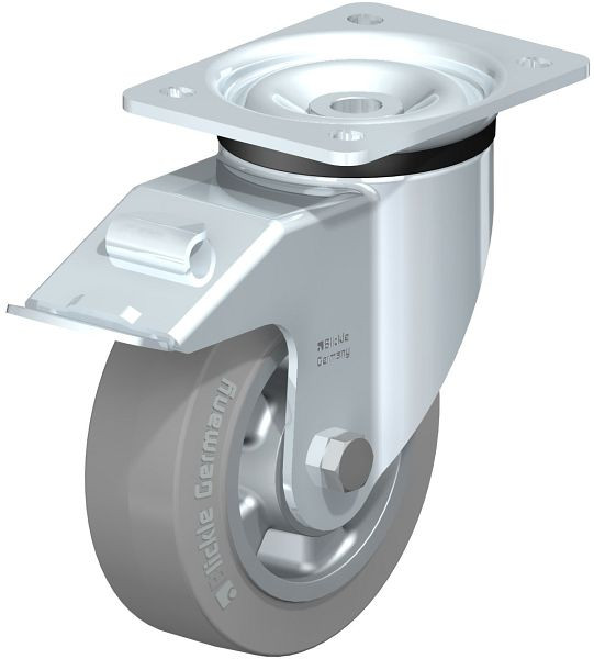 Blickle LK-ALEV 150K-FI-SG Stahlblech-Lenkrolle, schwere Ausführung, mit Anschraubplatte & Feststeller, Elastik-Vollgummi, Grau, 654475