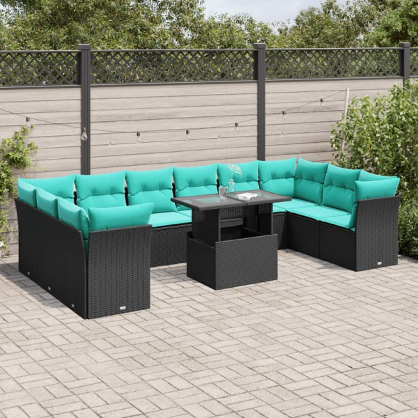 vidaXL 11-teiliges Gartensofa-Set mit Kissen, schwarzes Polyrattan, 3266857