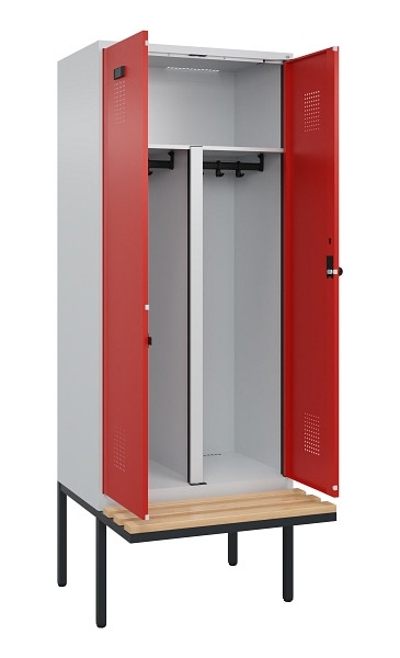 C+P PSA Doppel-Spind Evolo PLUS, Bank, 2 Abteile, 2120x800x815mm, 7035/3020, Drehriegel, Sitzfläche Holz, 0490427-22P S10005