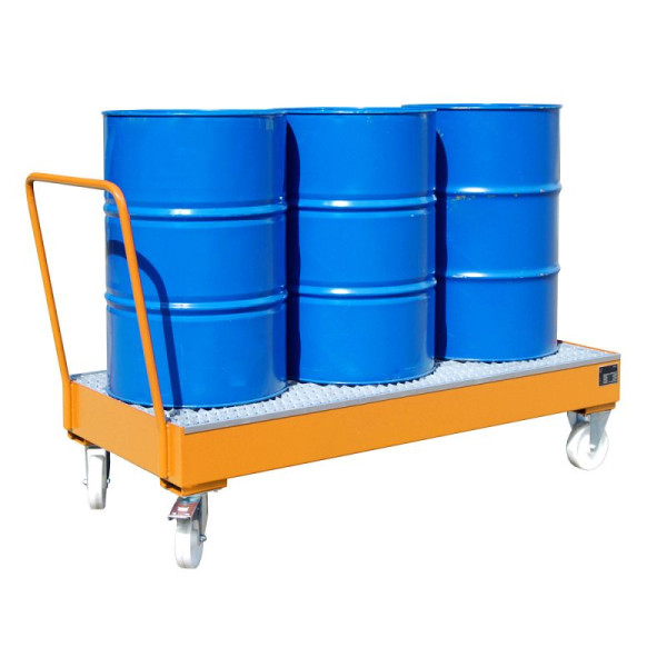 STEIN HGS Fahrbare Auffangwanne Serie 2000, 3mm Stahlblech, für 200l-Fässer, 202 Liter, RAL 2000 gelborange, lackiert, 3 x 200 Liter Fass, 79206.0013