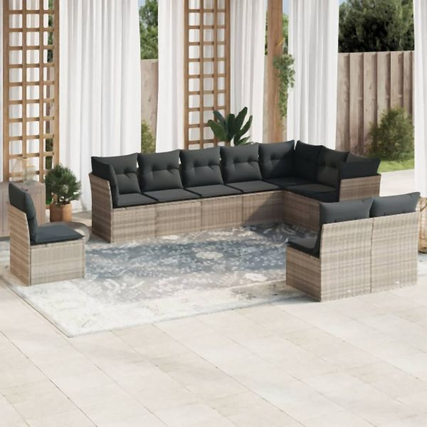 vidaXL 10-tlg. Garten-Sofagarnitur mit Kissen Hellgrau Poly Rattan, 3217802