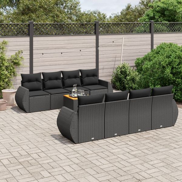 vidaXL 9-teilig Garten-Sofagarnitur mit Kissen Schwarz Poly Rattan, 3224921